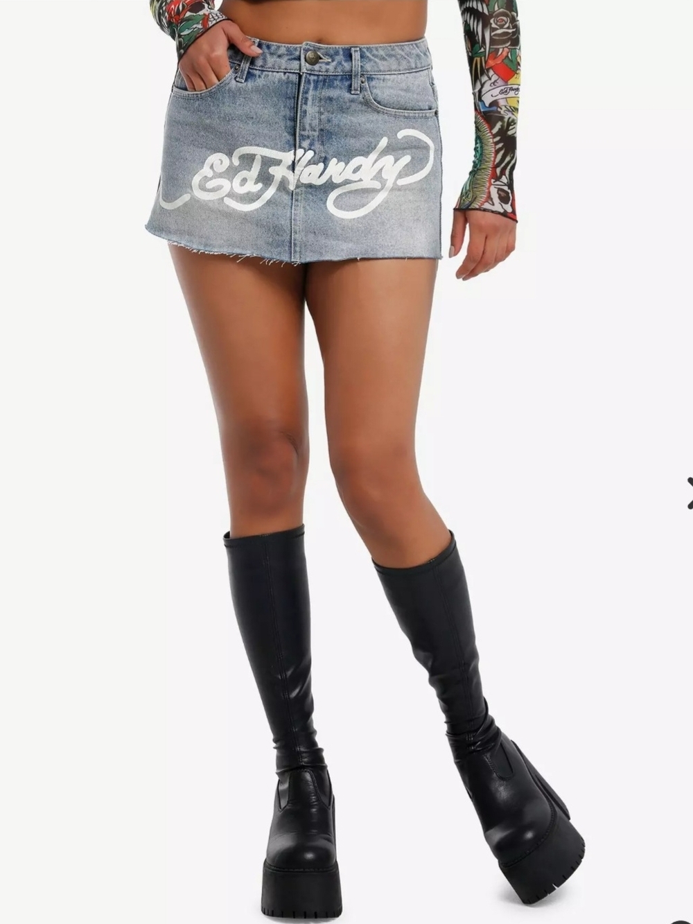 Ed Hardy Light Blue Denim Mini Skirt with Logo